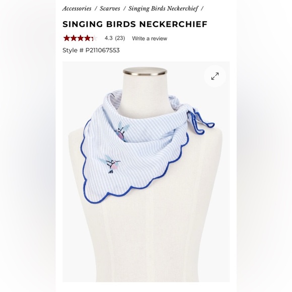 Talbots SINGING BIRDS NECKERCHIEF Blue and White Striped Scarf with Embroidery - Picture 1 of 5